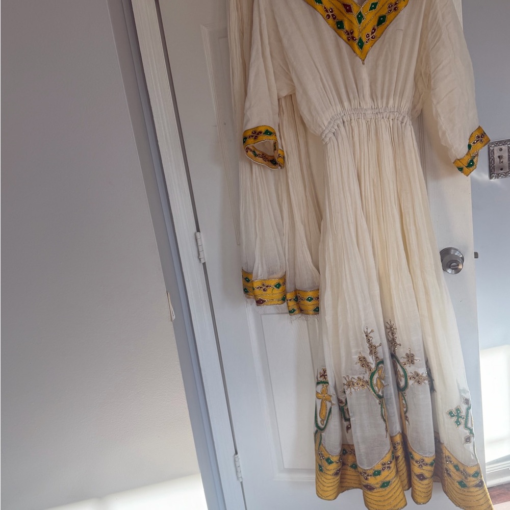 Elegant White and Yellow Ethiopian Dress